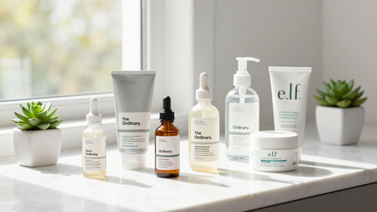 Collection of certified cruelty-free skincare brands on a sunlit marble counter.