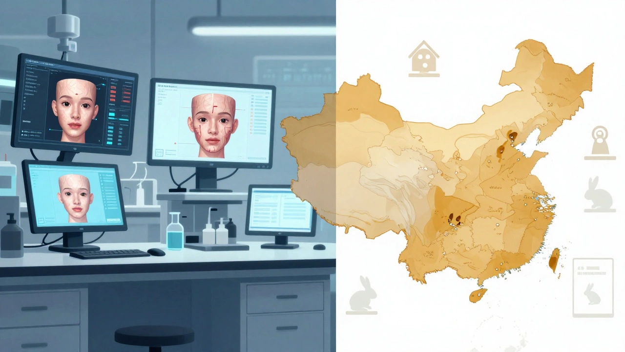 Conceptual art contrasting lab tech with China animal testing laws.