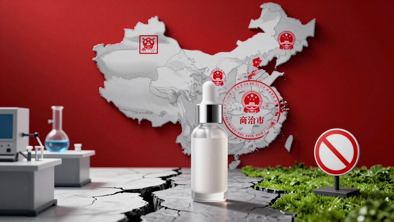 Conceptual art showing China's regulatory impact on cosmetic animal testing policies.