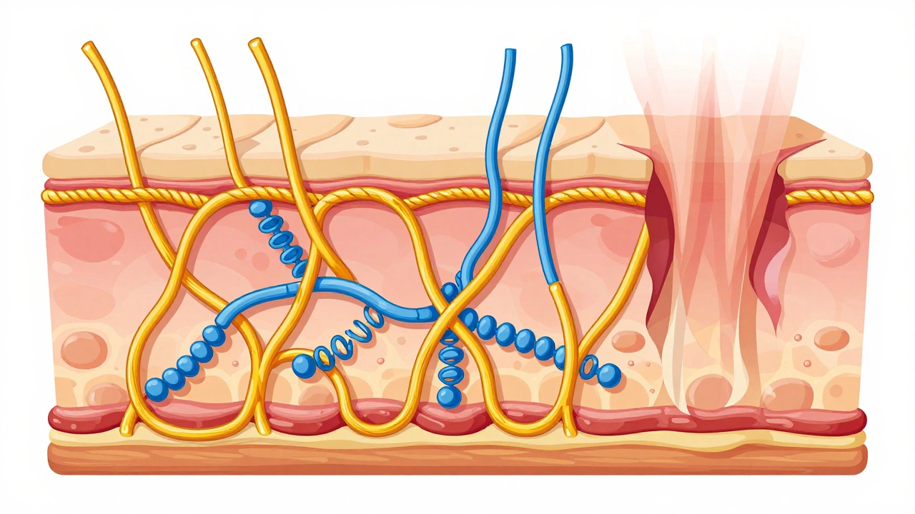 Diagram showing collagen and elastin fibers supporting skin structure