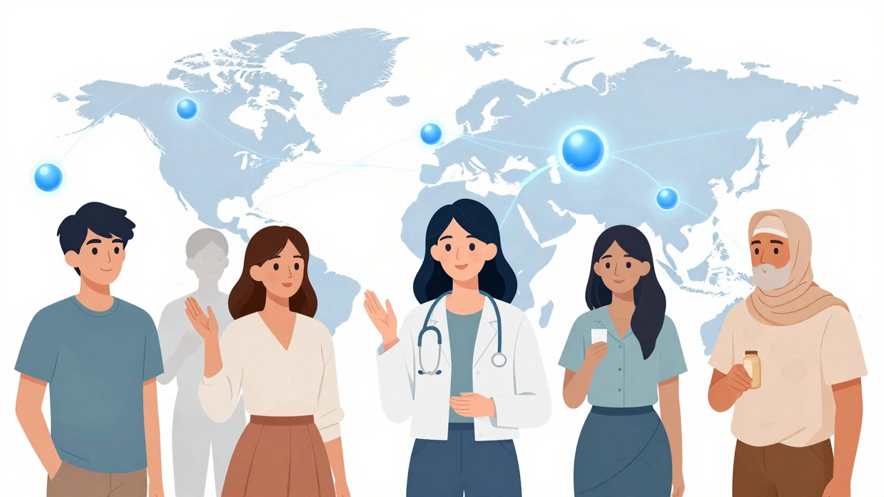 Diverse people connected by glowing blue hydration threads globally.