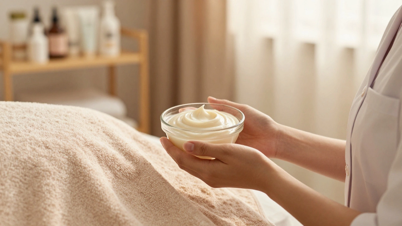 Esthetician holding facial mask in serene spa setting