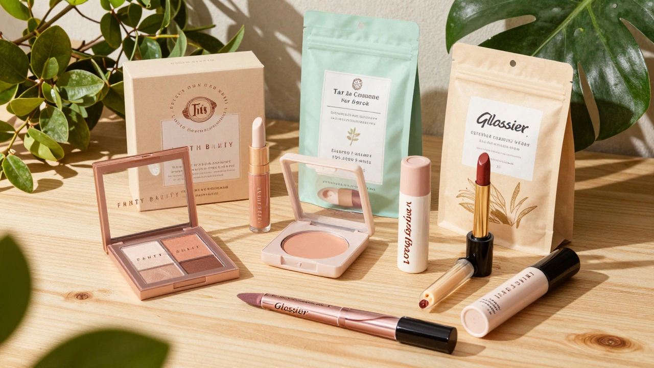 Flat lay of certified cruelty-free makeup brands on wood.