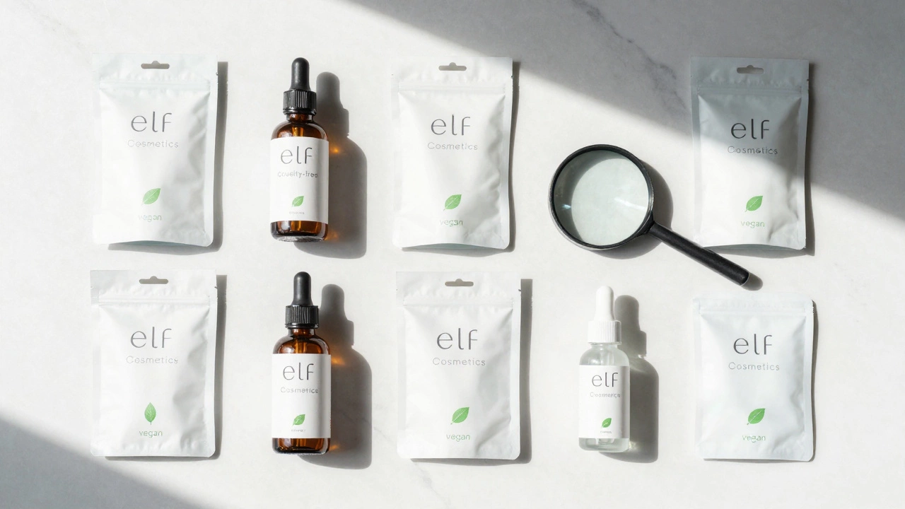 Flat lay of ELF makeup products with magnifying glass highlighting vegan labels