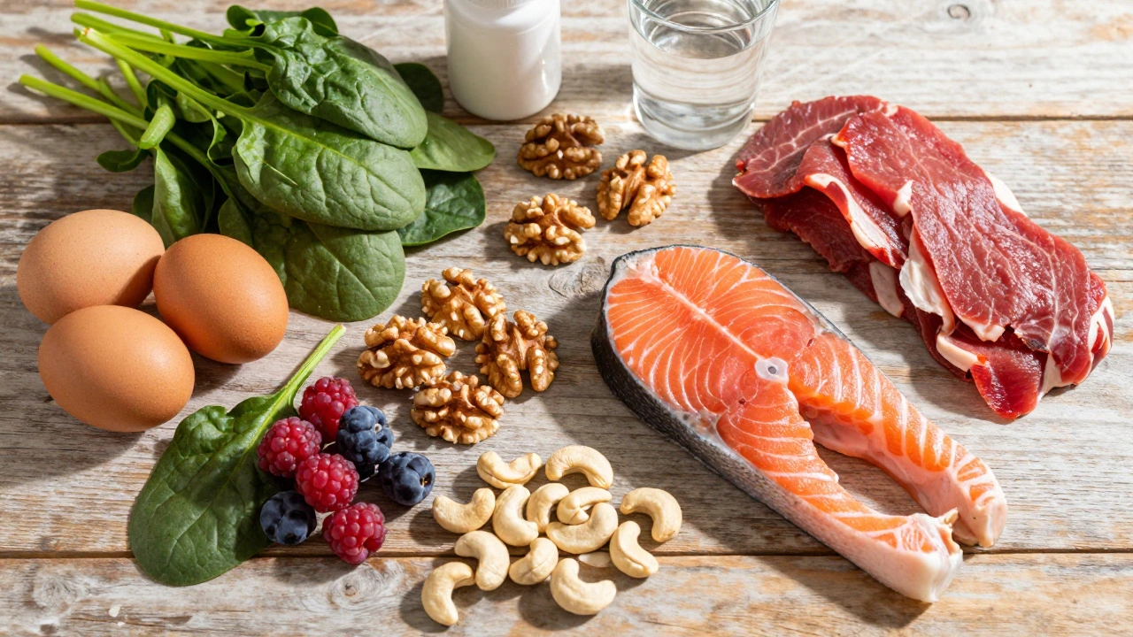 Flat lay of healthy foods like eggs, nuts, spinach, and fish for hair nutrition.