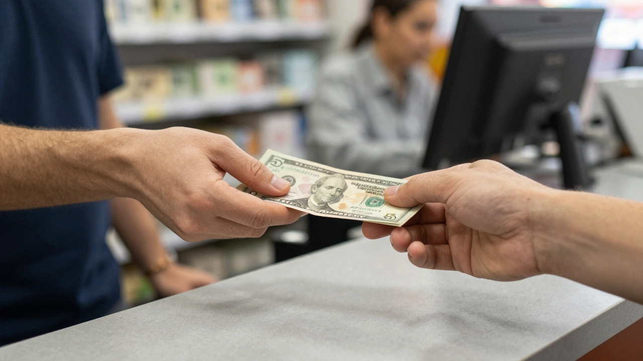 Hands exchanging a five-dollar bill as a tip
