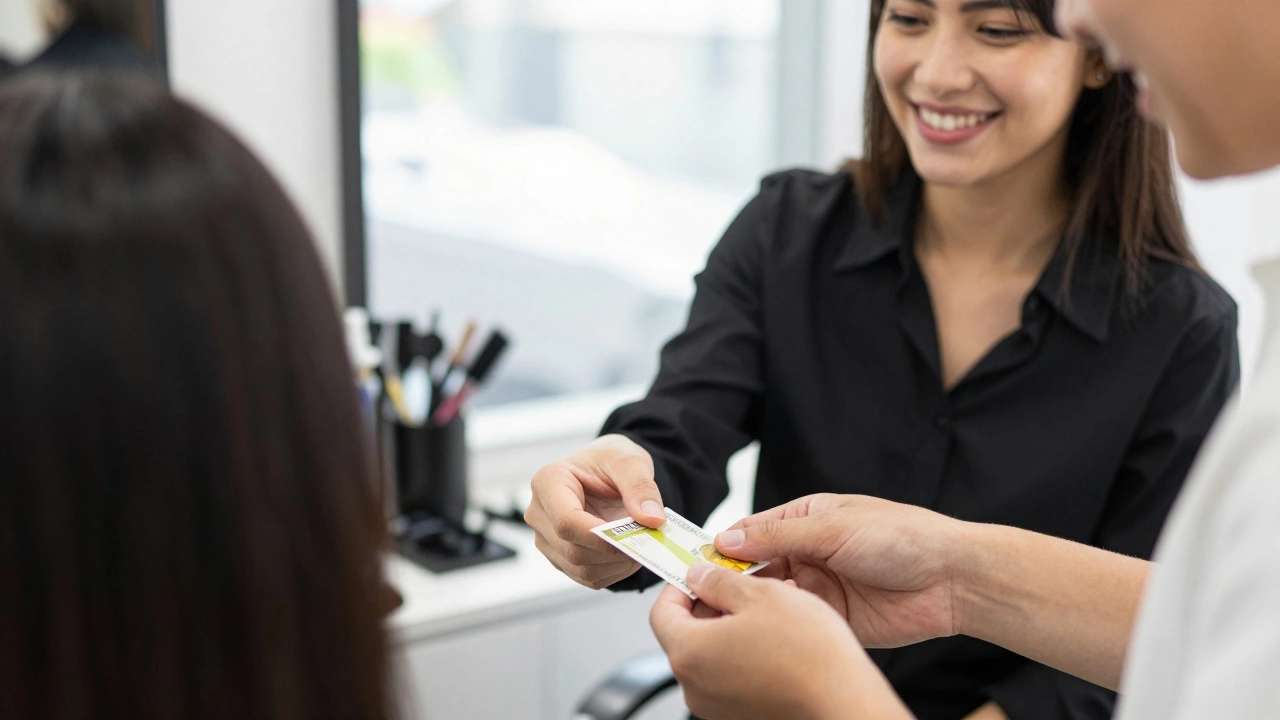 Happy client handing cash tip to smiling hairdresser in salon