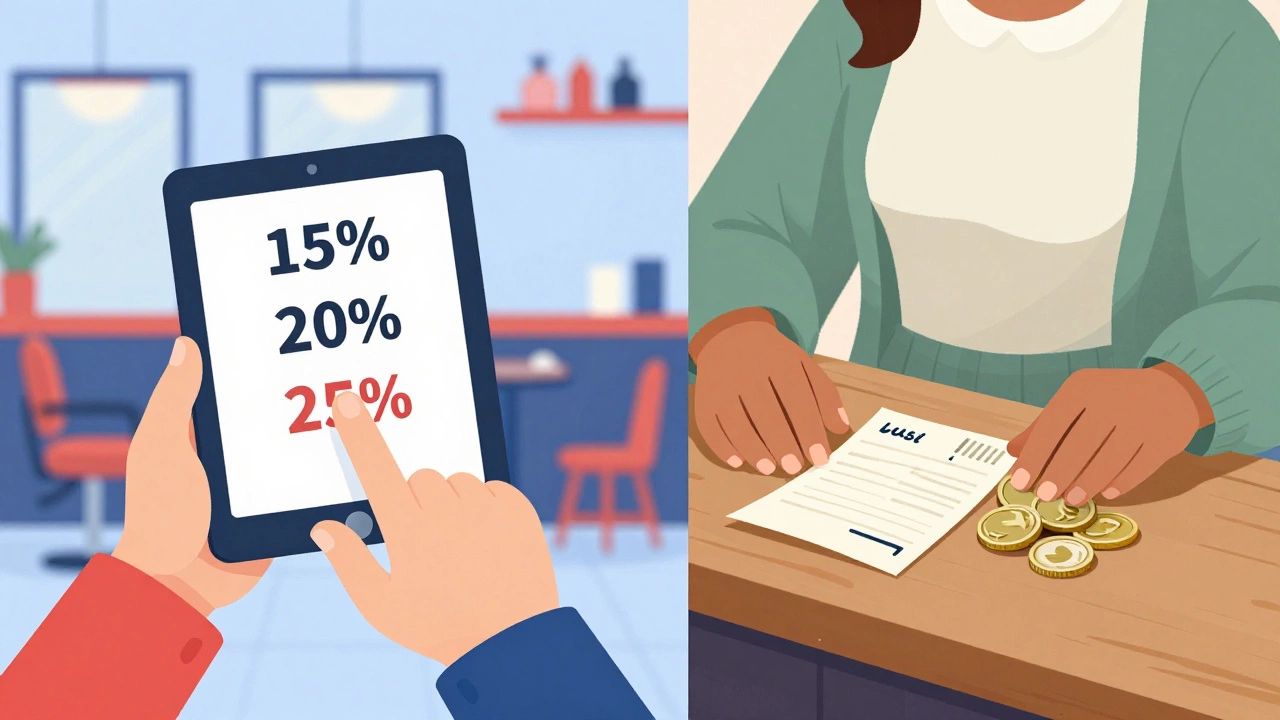 Illustration comparing US digital tipping vs UK optional cash tips