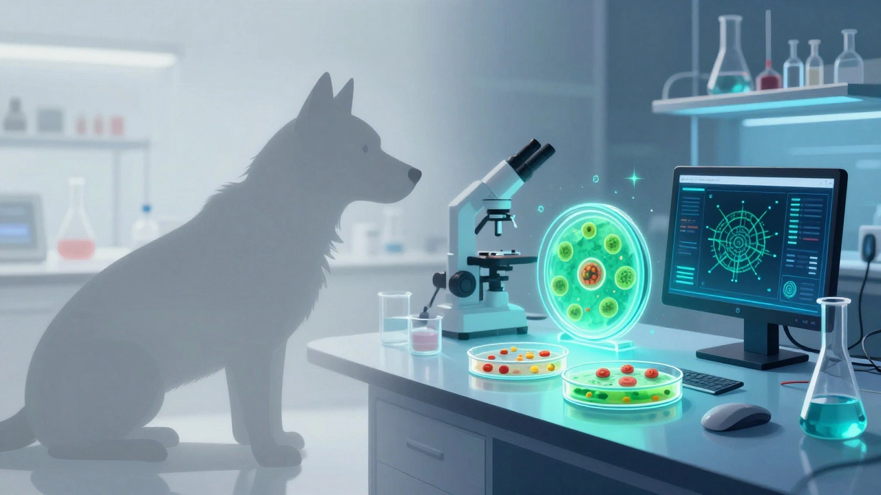 Illustration of modern lab tech replacing animal testing with cell cultures