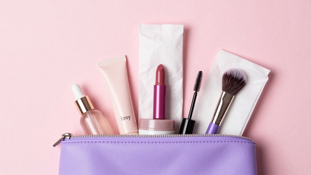 Open beauty bag revealing various skincare and makeup samples