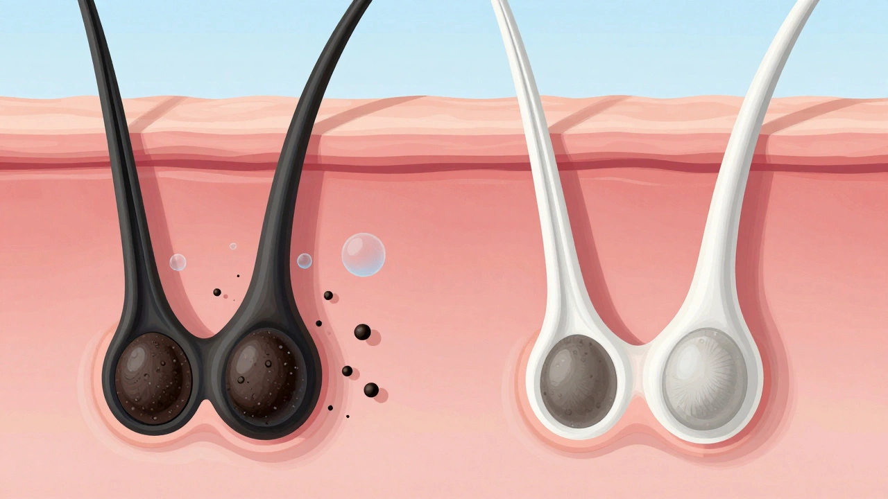 Scientific diagram showing pigmented vs unpigmented hair follicles and melanocytes.