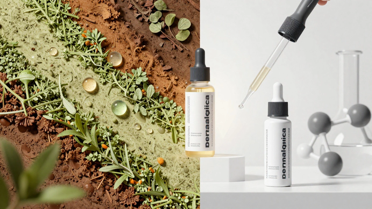 Split image blending natural herbs with lab equipment