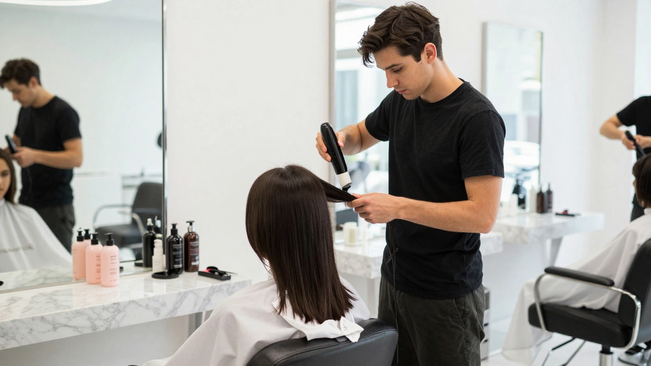 Stylist blow-drying hair in a modern luxury salon