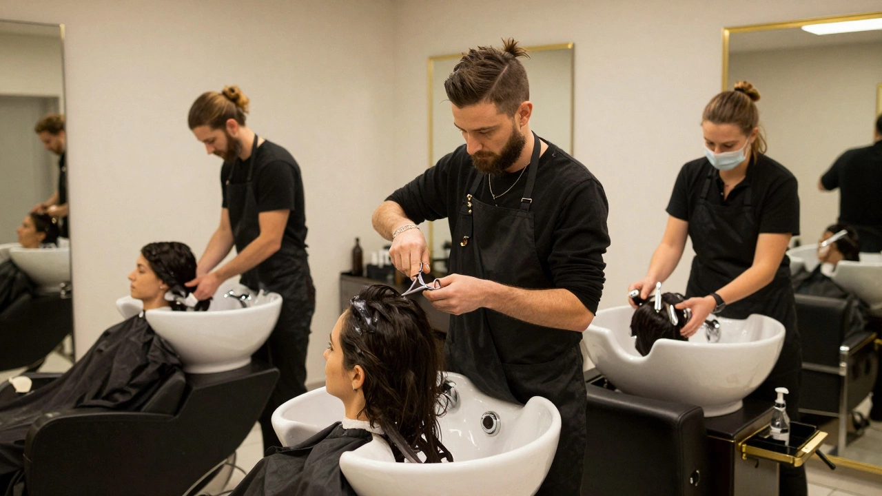 Stylist cutting hair while assistant shampoos another client