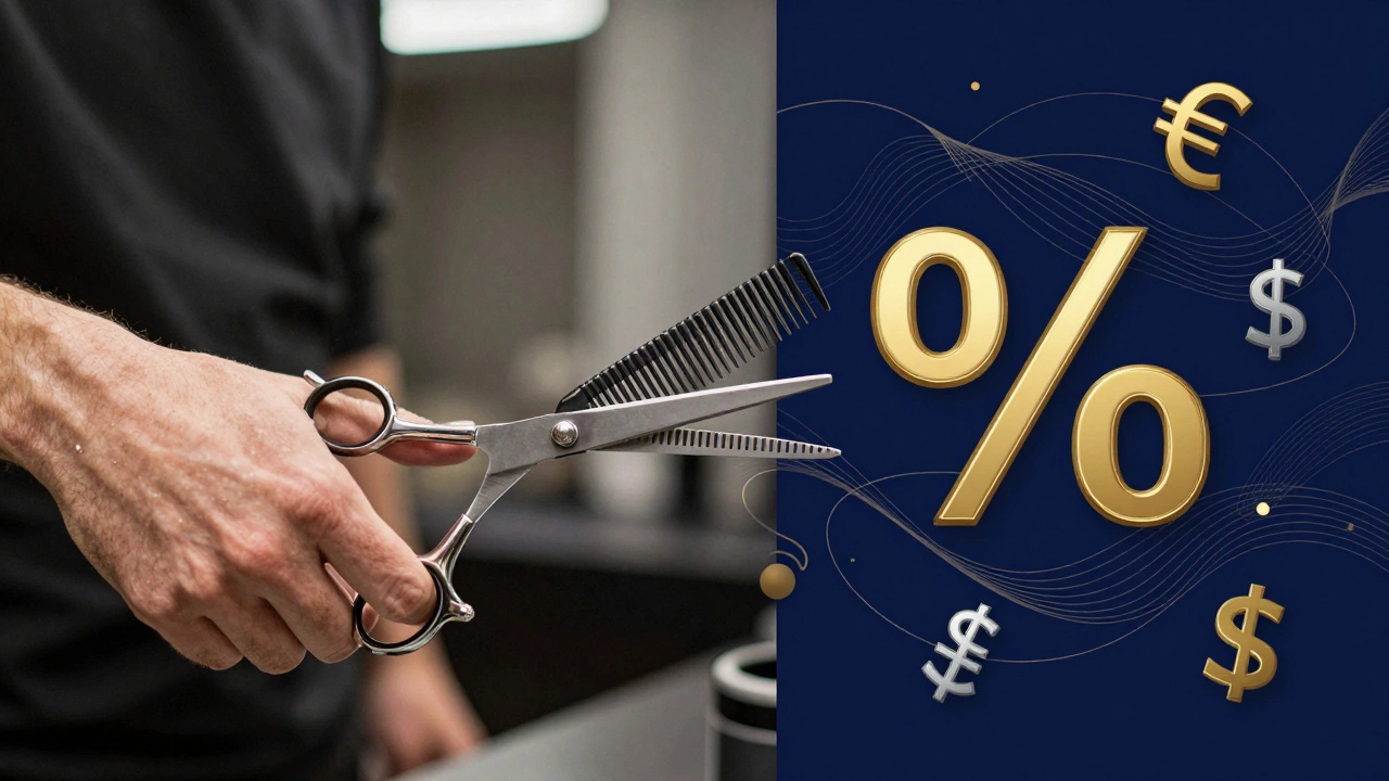 Stylist hands with shears and abstract financial graphics