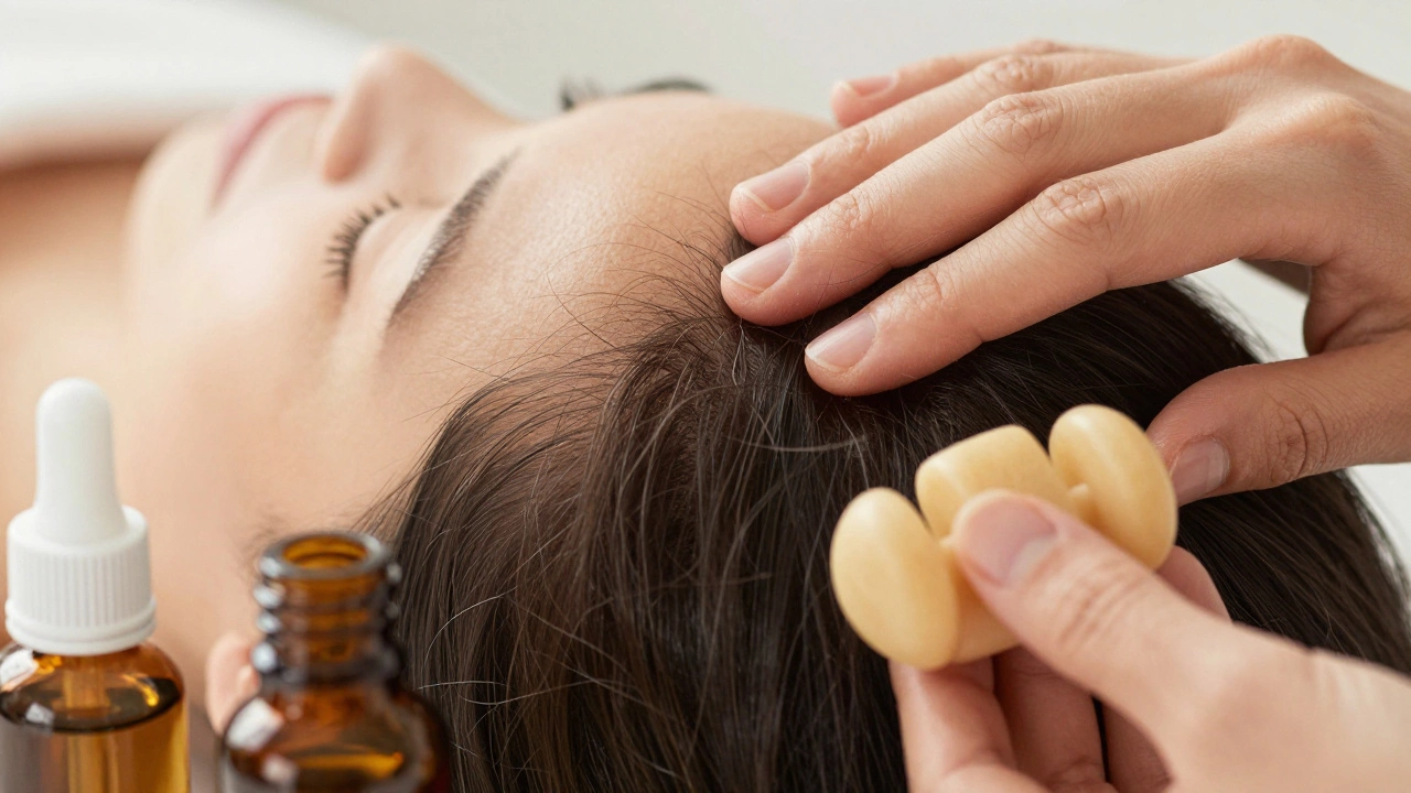 Close-up of scalp massage with rosemary oil and massager tool