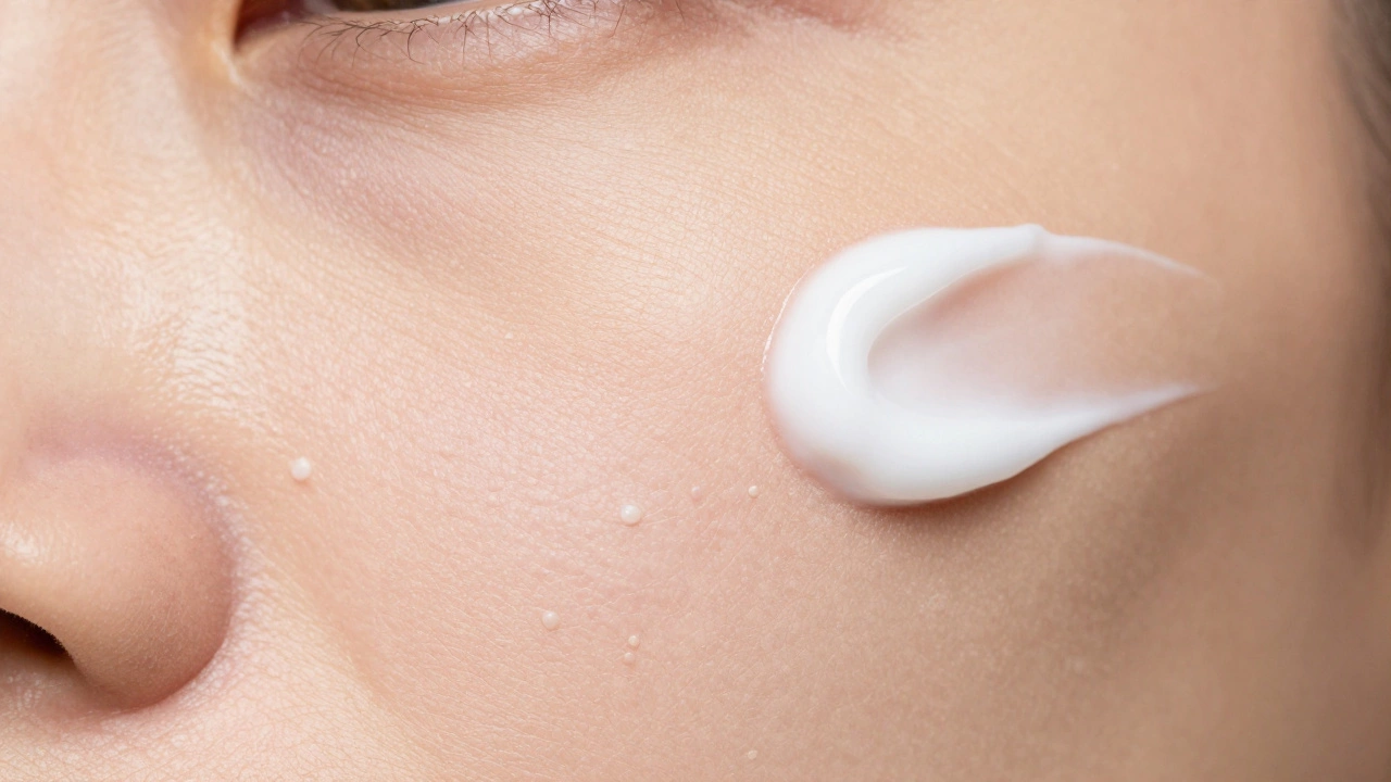 Close-up of skin with milia bumps next to thick cream smear