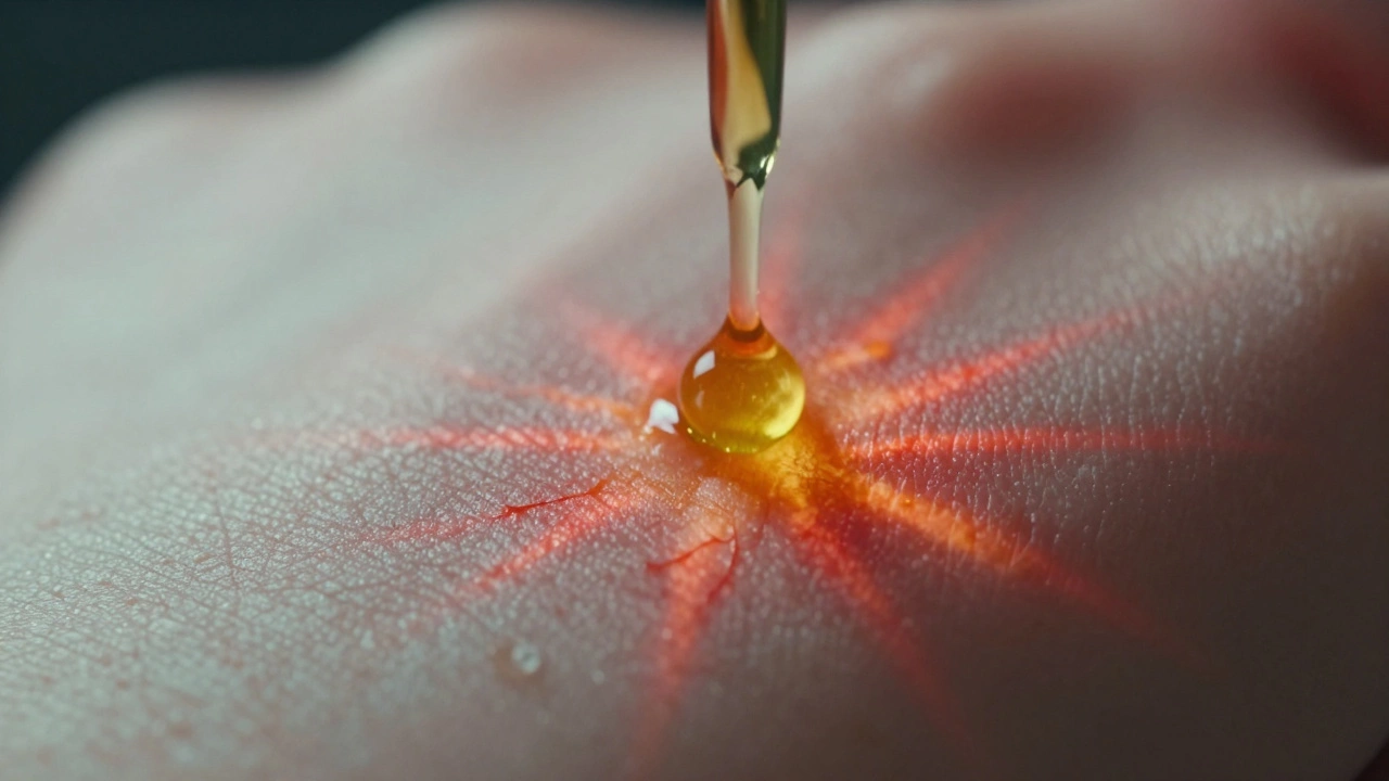 Essential oil drop causing red irritation on human skin macro shot