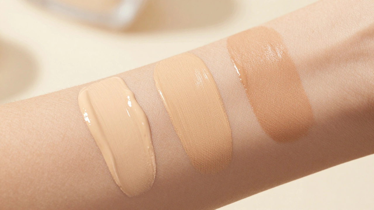 Foundation swatches on diverse skin tones showing different finishes
