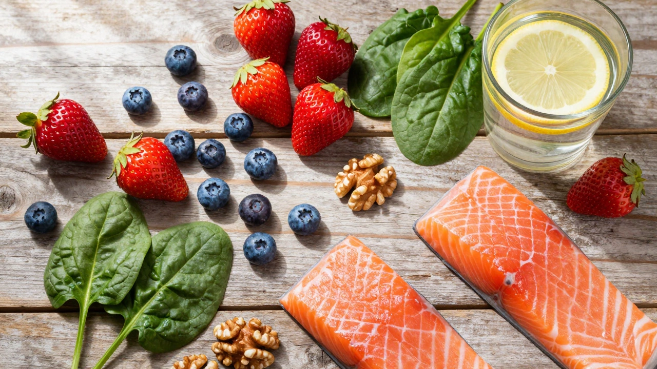 Fresh berries, fish, nuts, and water arranged on a wooden table