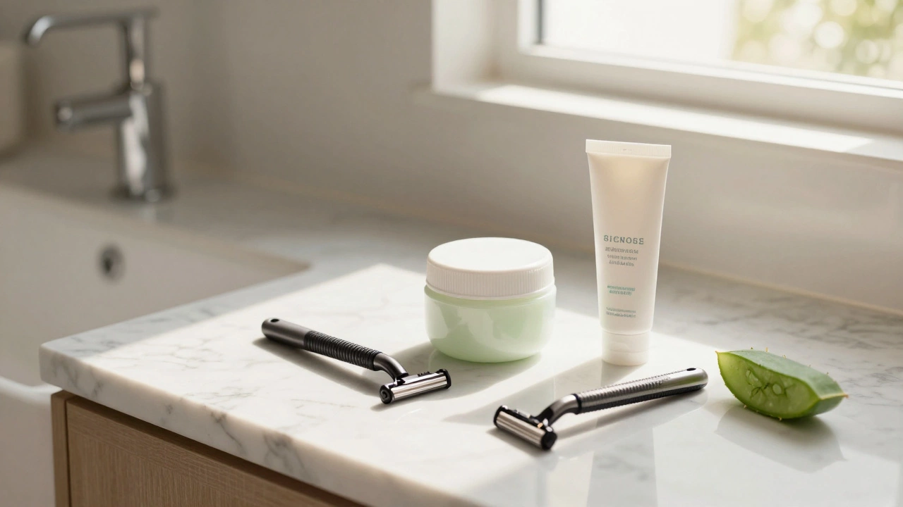 Hair removal tools and creams arranged on a bathroom counter