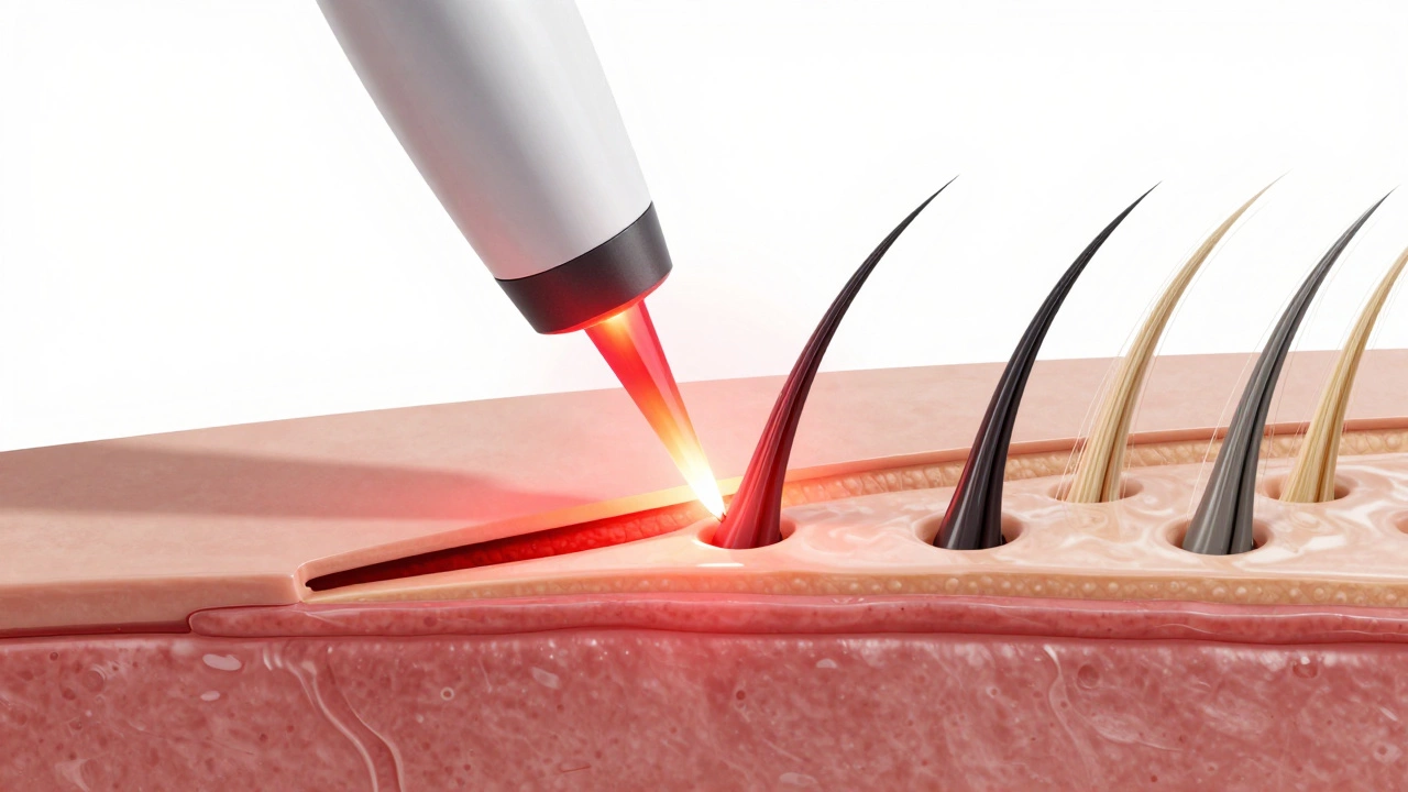 Scientific illustration showing laser targeting dark hair follicles