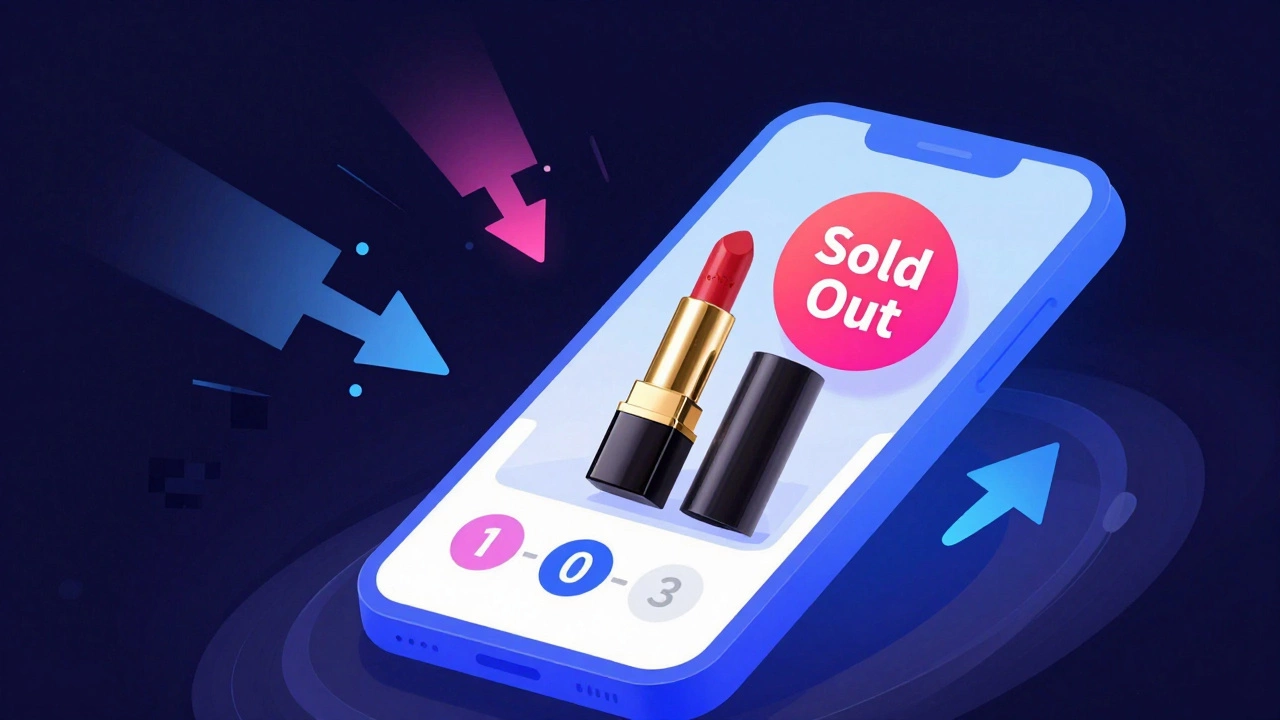 Smartphone screen showing a sold-out beauty product with countdown