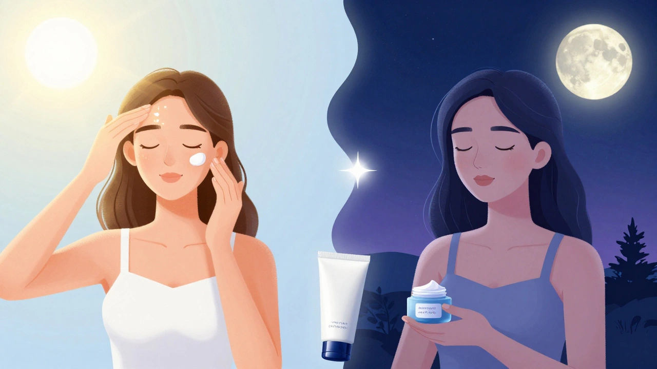 Split image showing morning protection and night repair routines