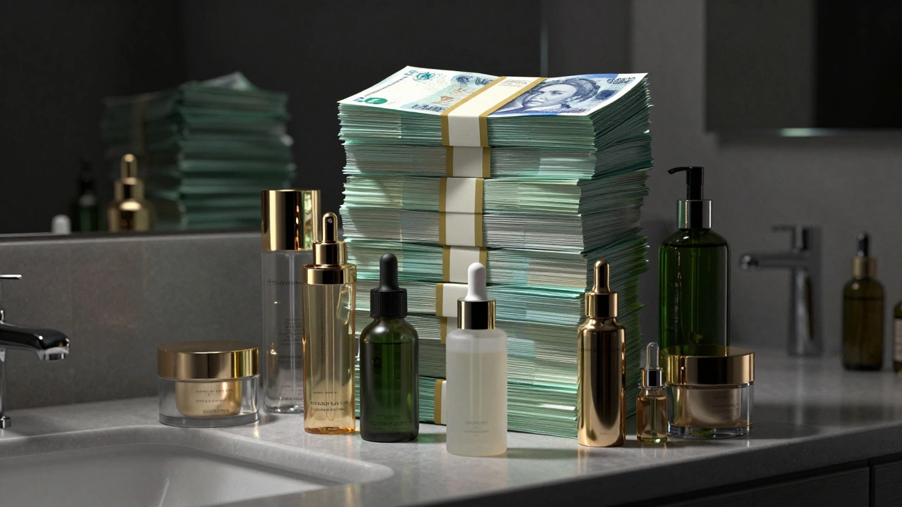 Stack of money looming over luxury skincare bottles versus simple serum
