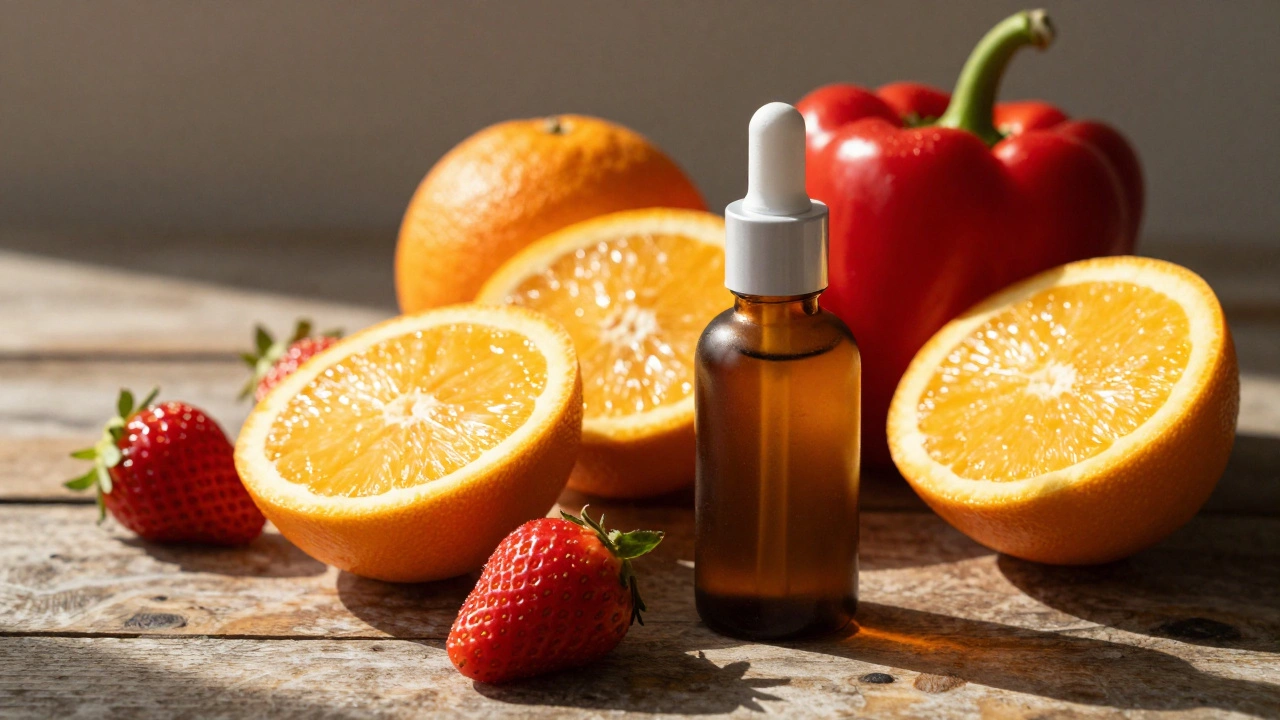 Vitamin C fruits next to an amber skincare serum bottle