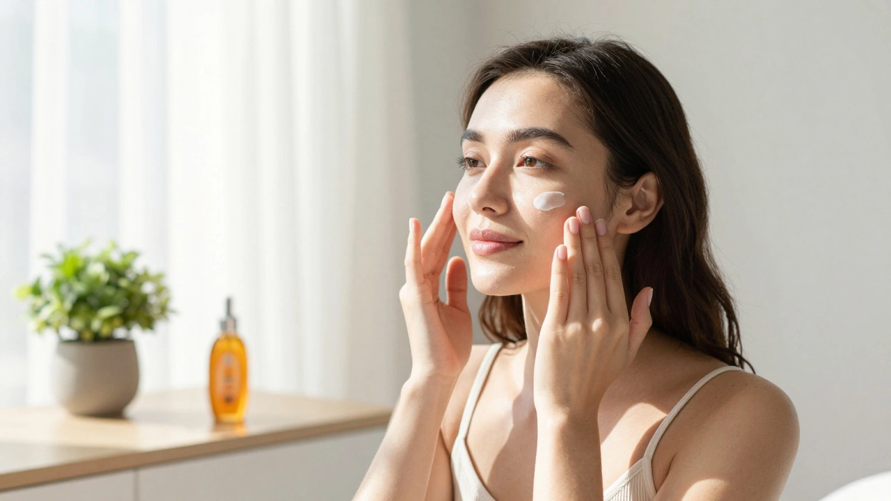 Woman applying vitamin C serum to glowing skin in morning light