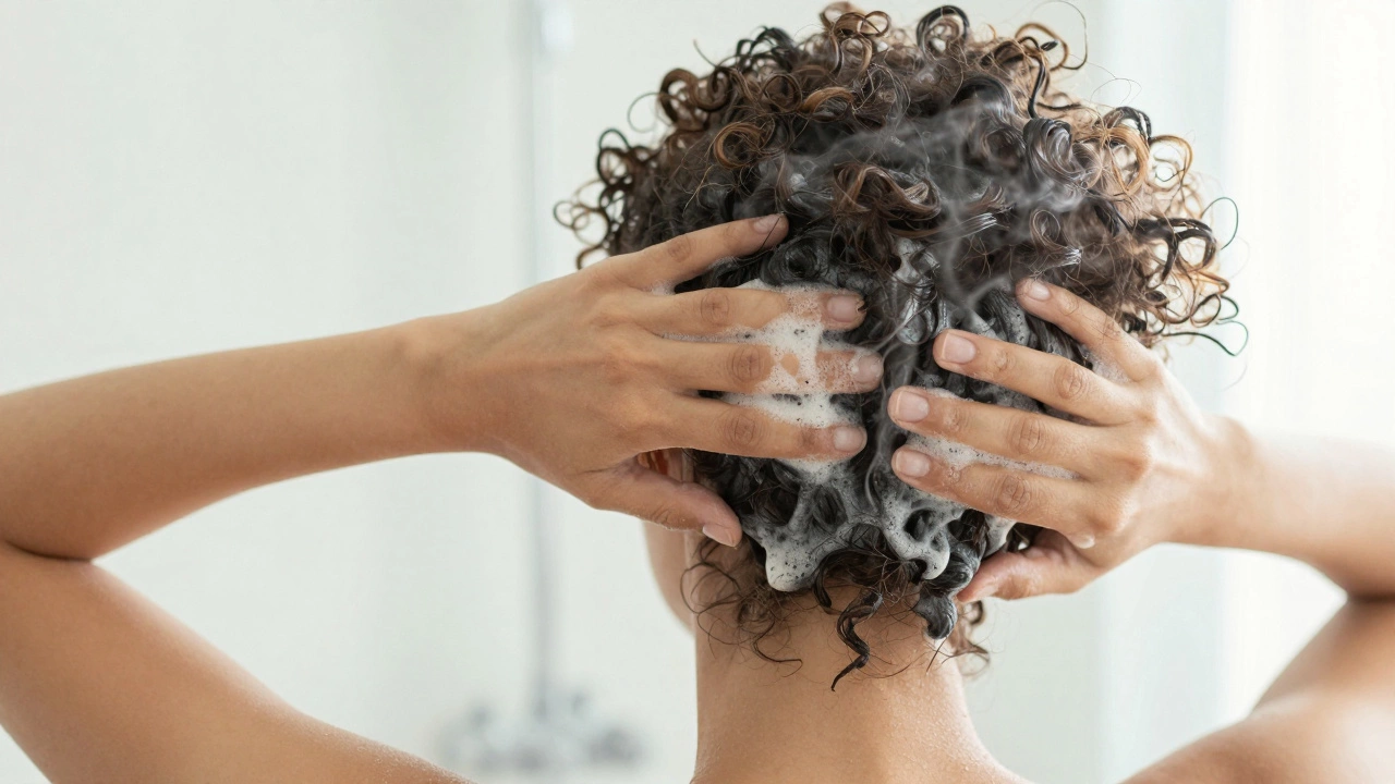 Woman gently massaging shampoo into scalp in shower