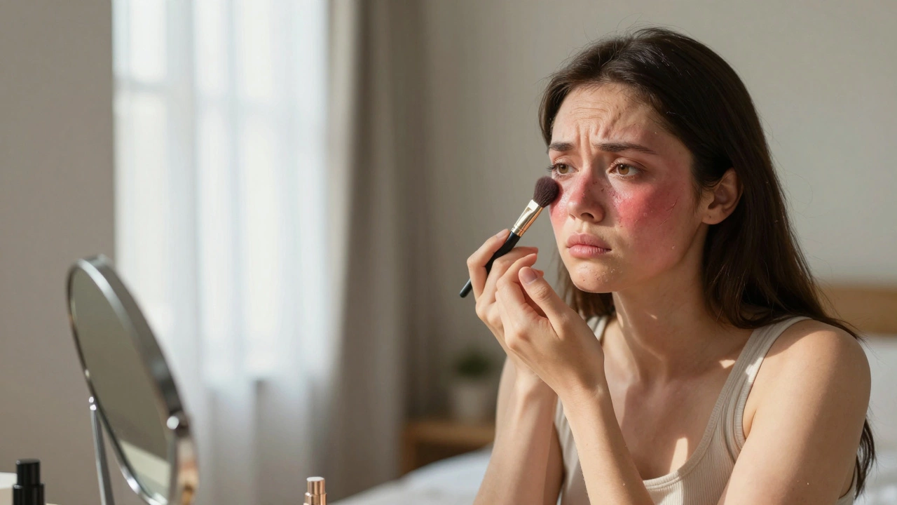 Woman looking distressed at her peeling, sunburned face in a mirror