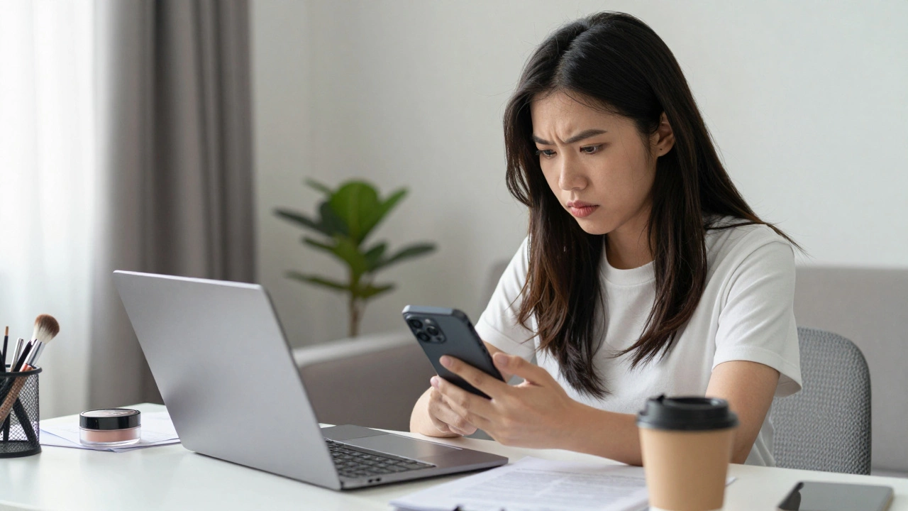 Woman using laptop and phone while preparing for online shopping