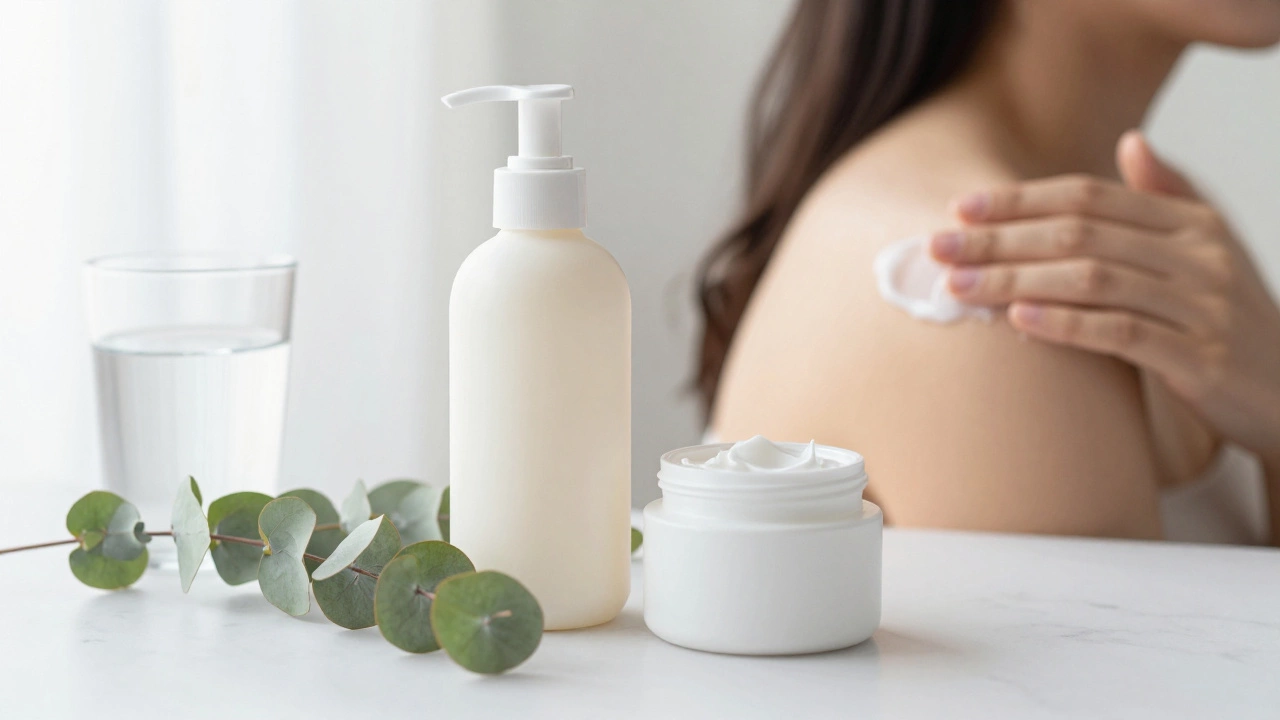 Close-up of gentle cleanser and moisturizer on marble, symbolizing proper skin hydration routine.