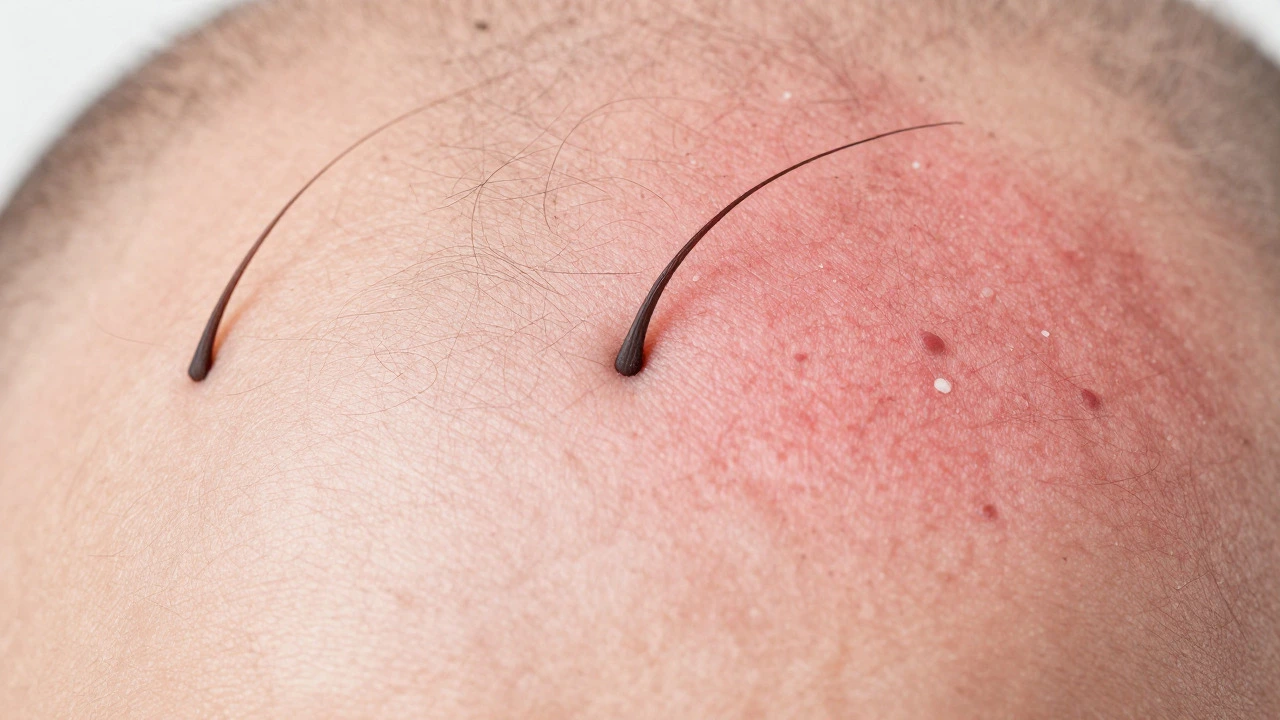 Close-up of healthy vs inflamed scalp skin and hair follicles