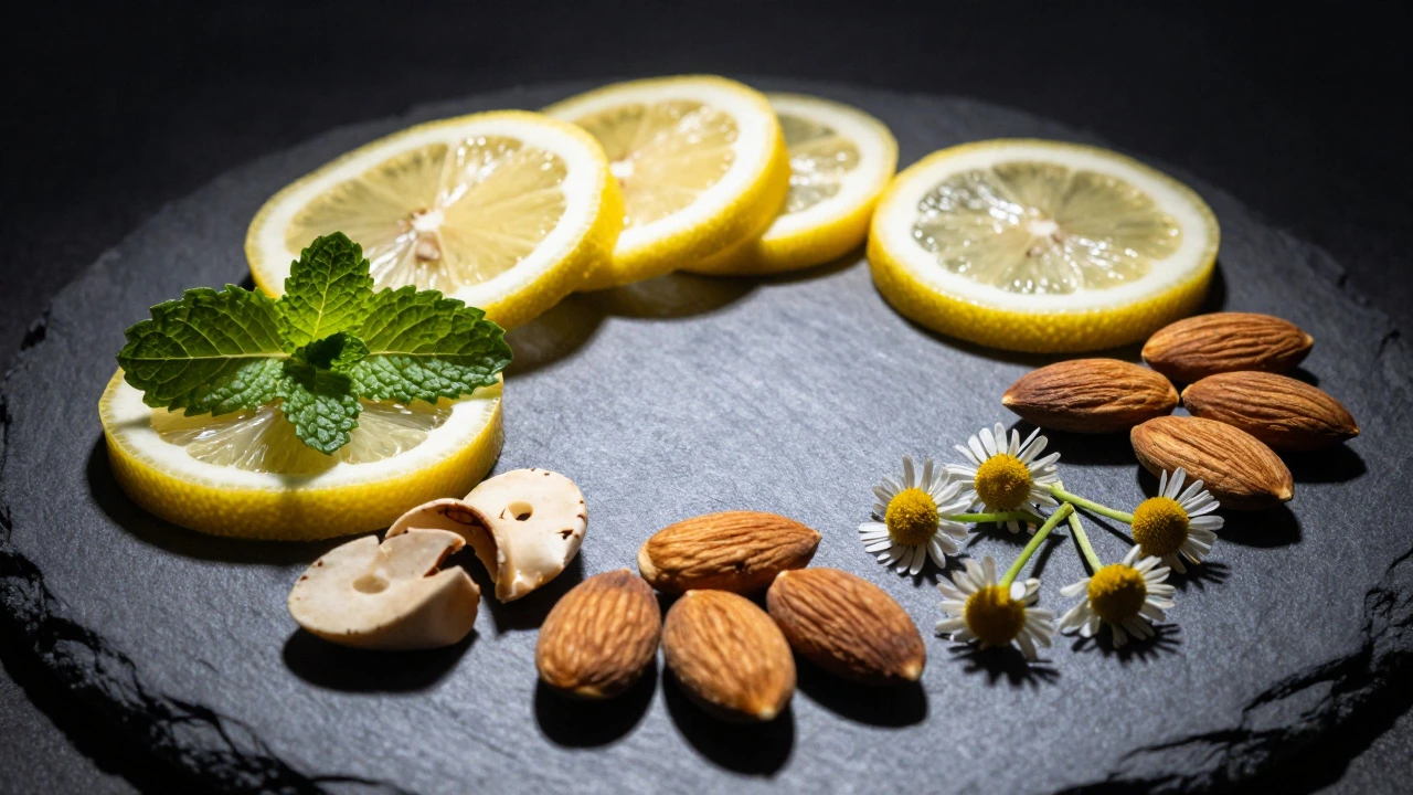 Close-up of natural ingredients like lemon and mint on dark stone