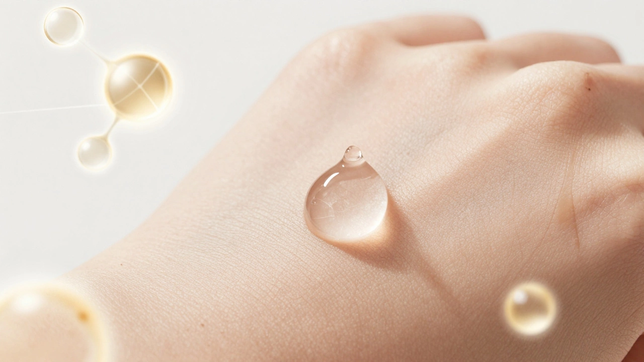 Close-up of serum absorbing into skin with molecular graphics