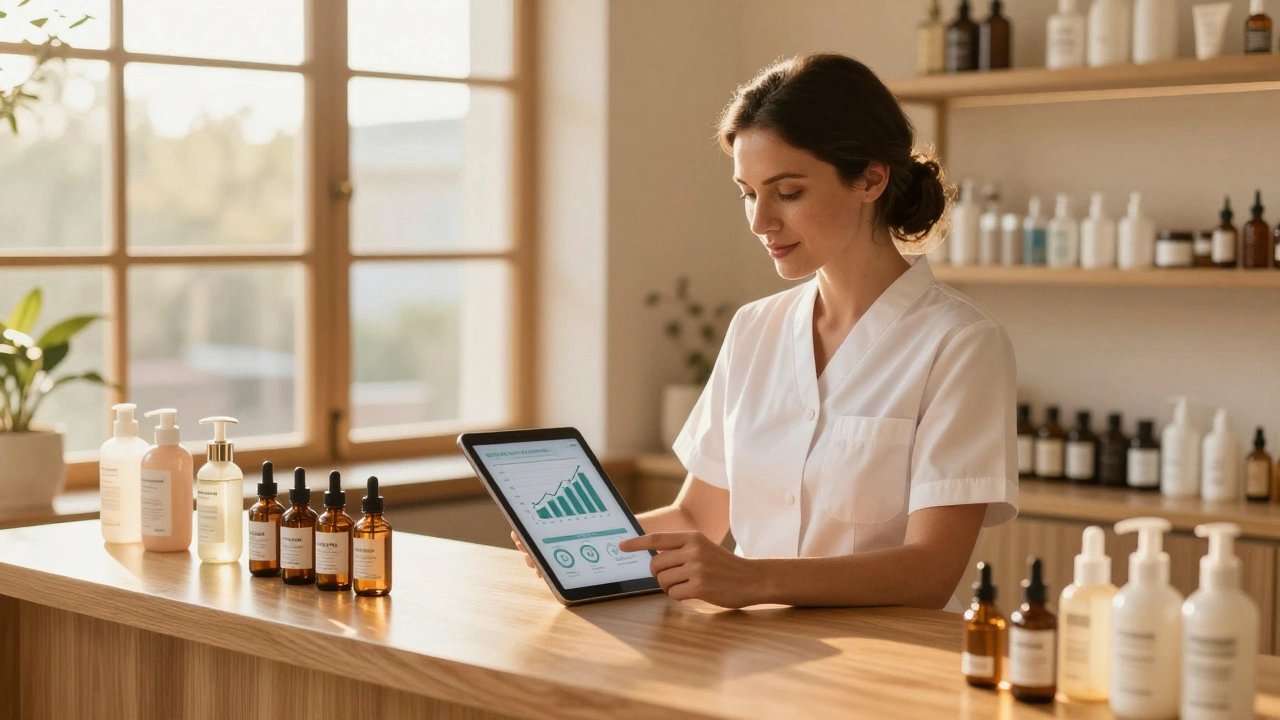 Esthetician business owner analyzing profits and retail sales data