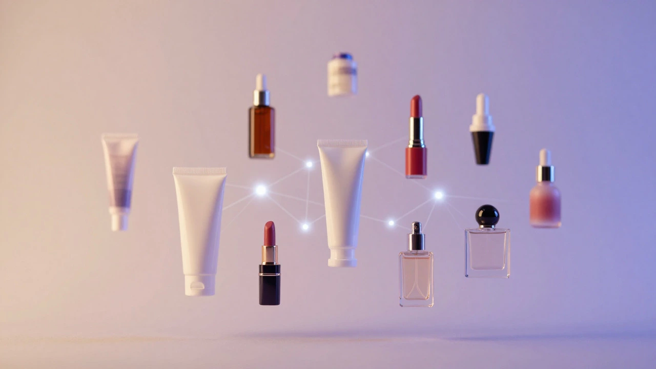 Floating beauty samples connected by glowing digital lines representing personalized curation.