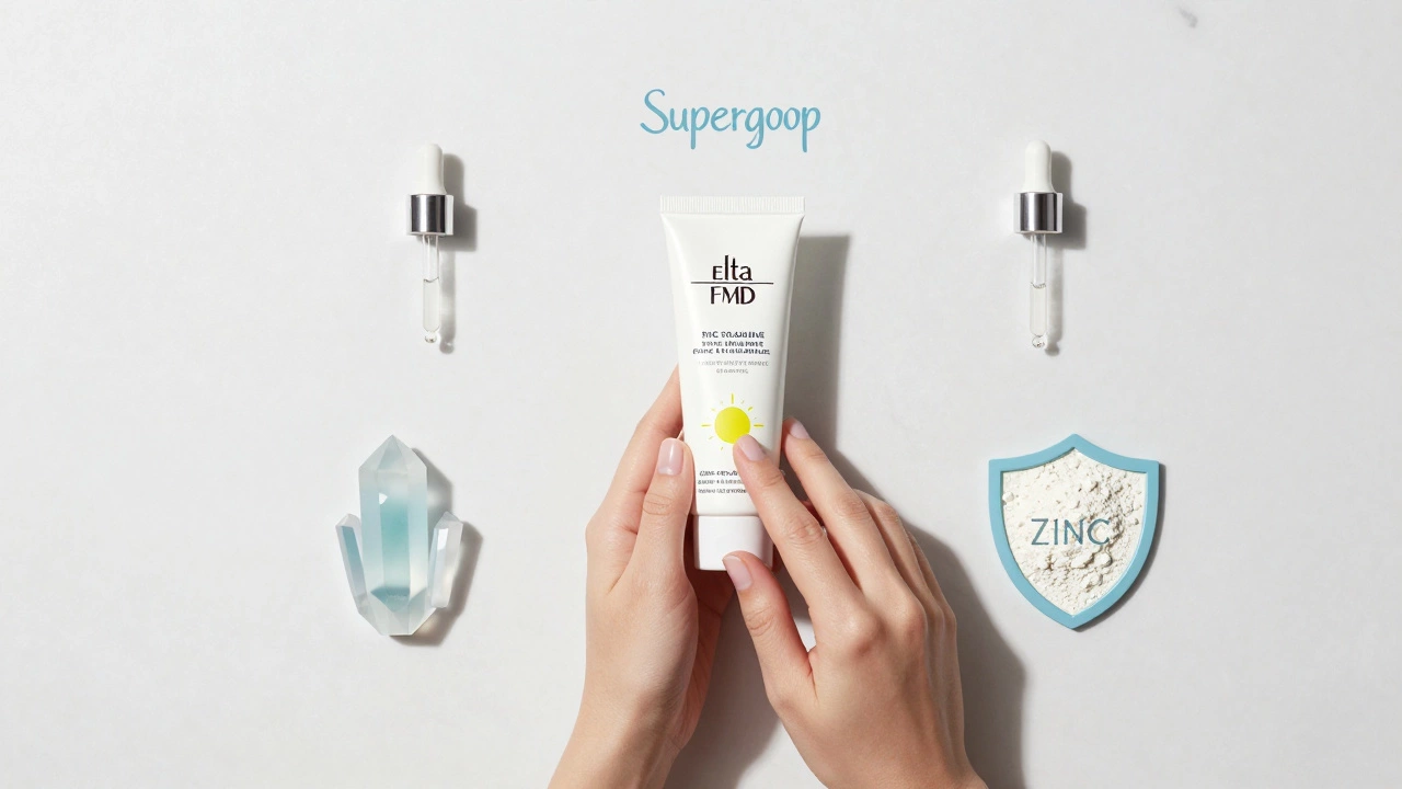 Hand applying sunscreen surrounded by key skincare ingredient visuals