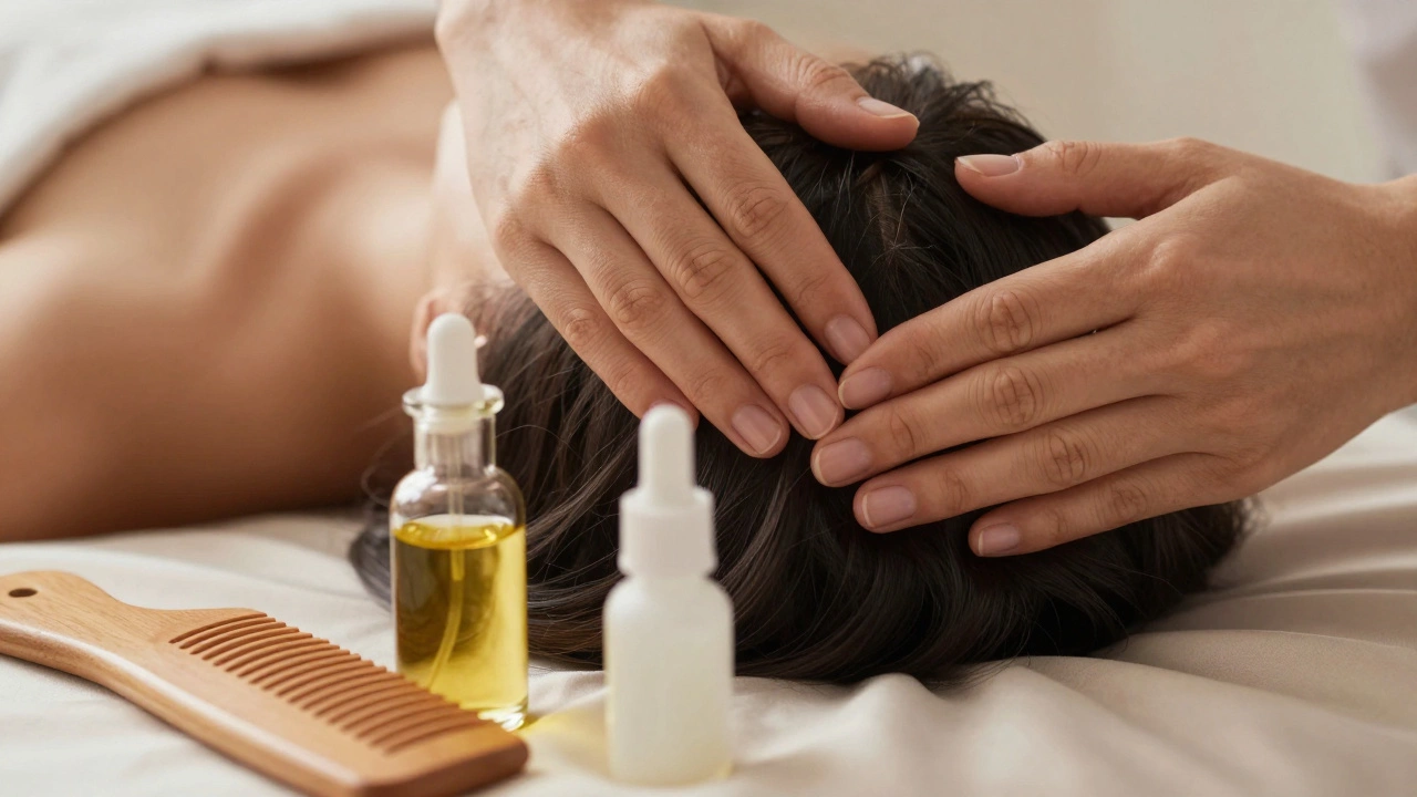 Hands massaging scalp near oils and comb on silk cloth