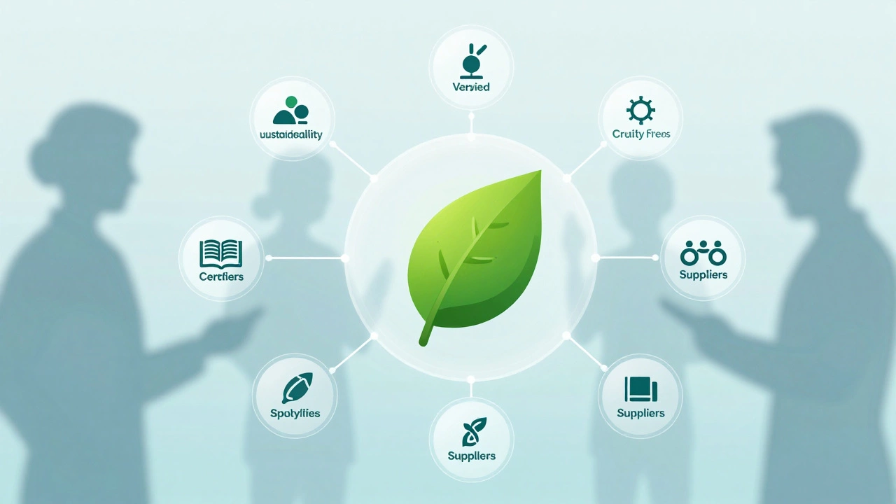 Illustration of ethical supply chains and green leaves