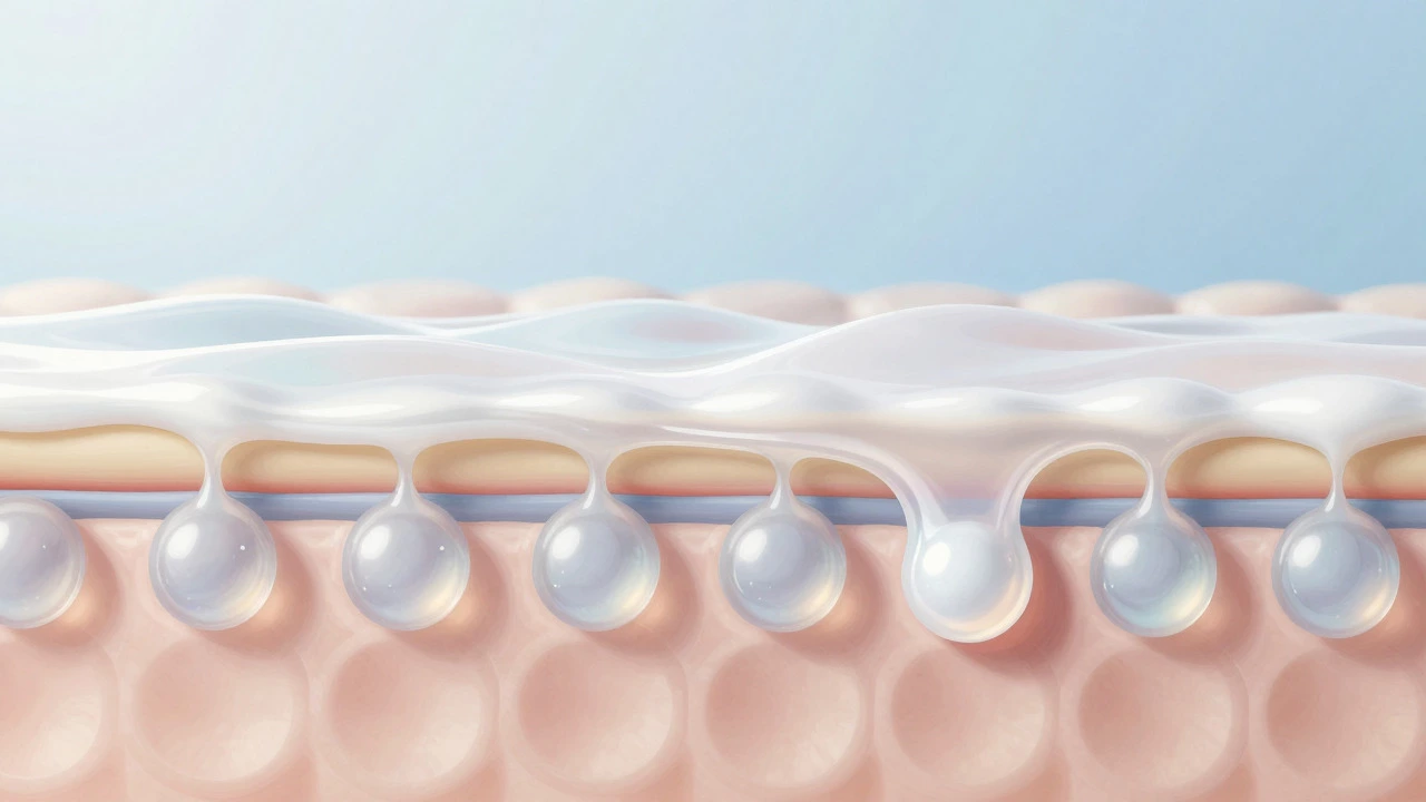 Macro illustration of skincare layers absorbing into skin cells