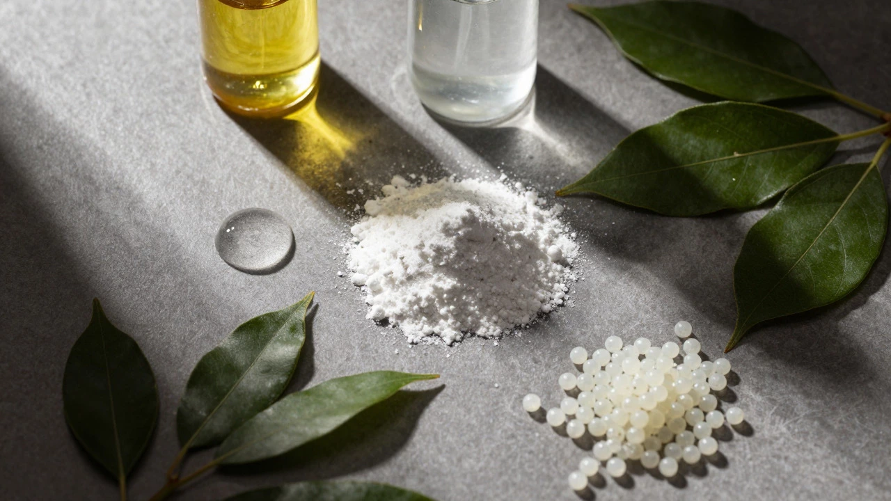 Macro shot of shampoo ingredients like oils and powders