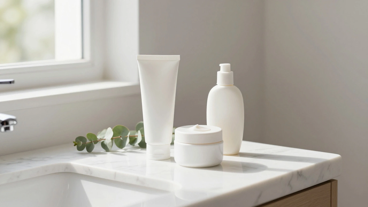 Minimalist skincare routine on a marble bathroom counter
