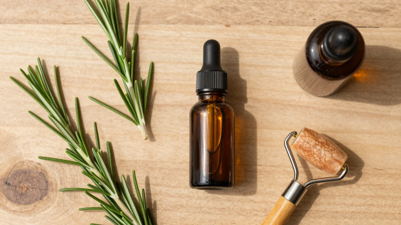 Rosemary oil, fresh herbs, and dermaroller on wooden table