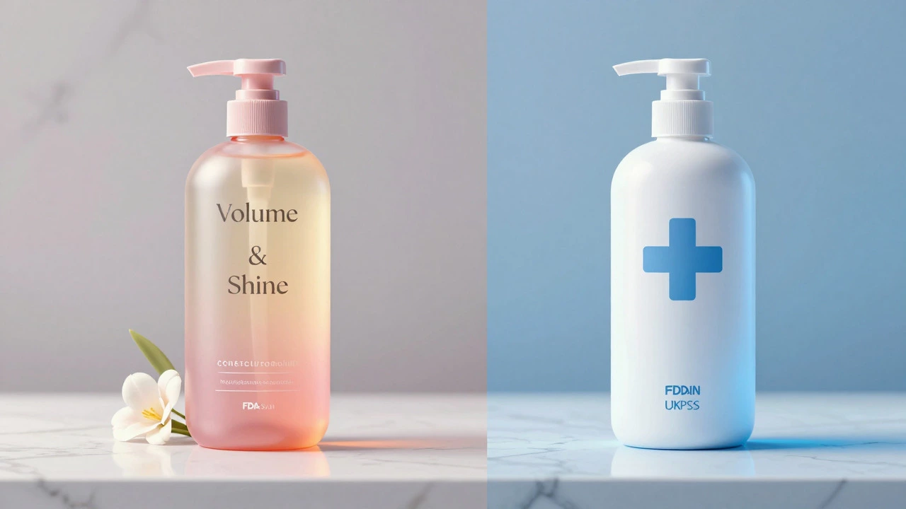 Side-by-side comparison of cosmetic vs drug shampoo bottles