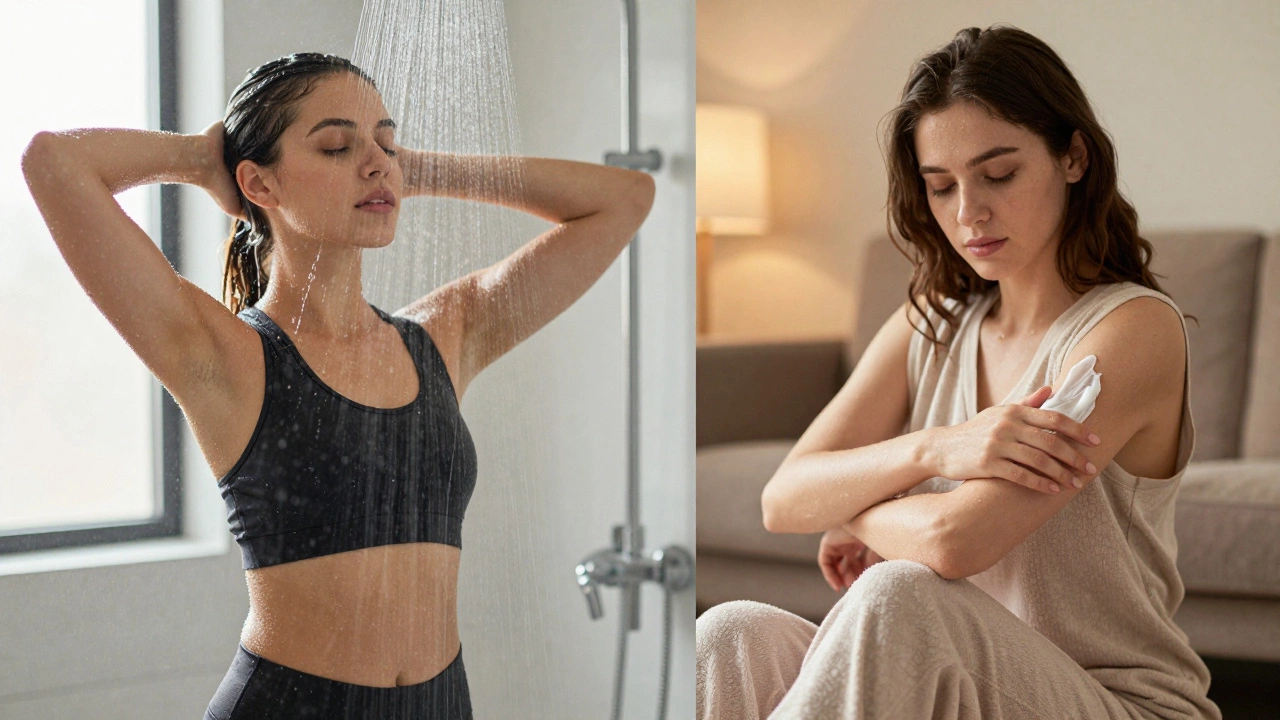 Split scene comparing post-workout showering for active individuals versus moisturizing for dry skin care.
