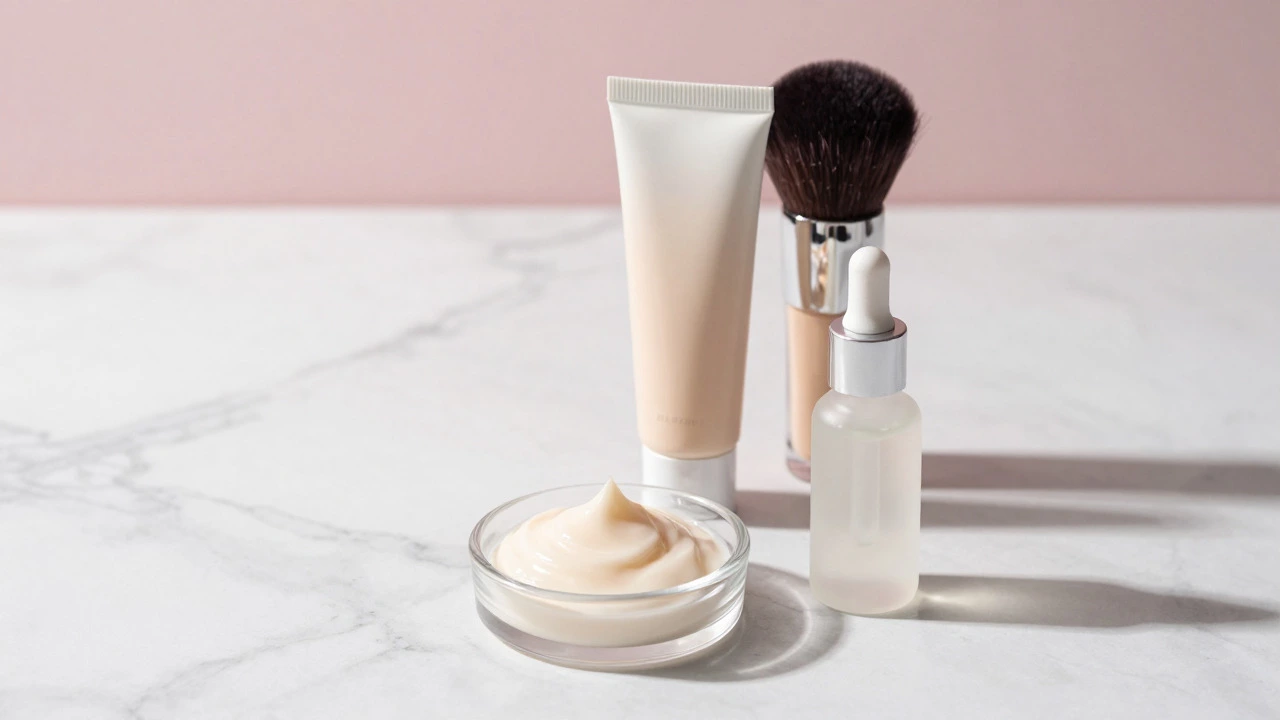 Still life of moisturizer, serum, and primer on marble surface